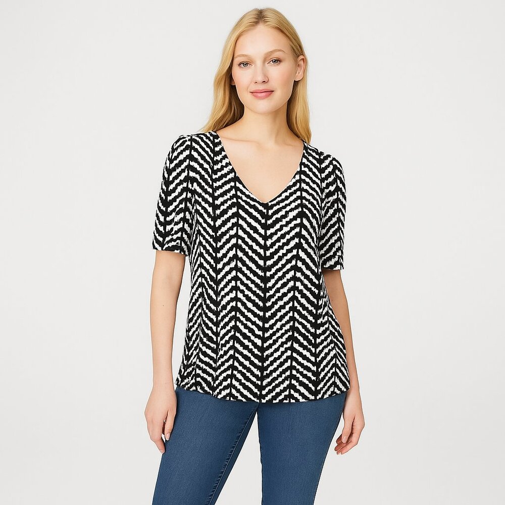 NWT White House Black Market V-Neck Puff Sleeve Top Ella Chevron Black #WHBM31